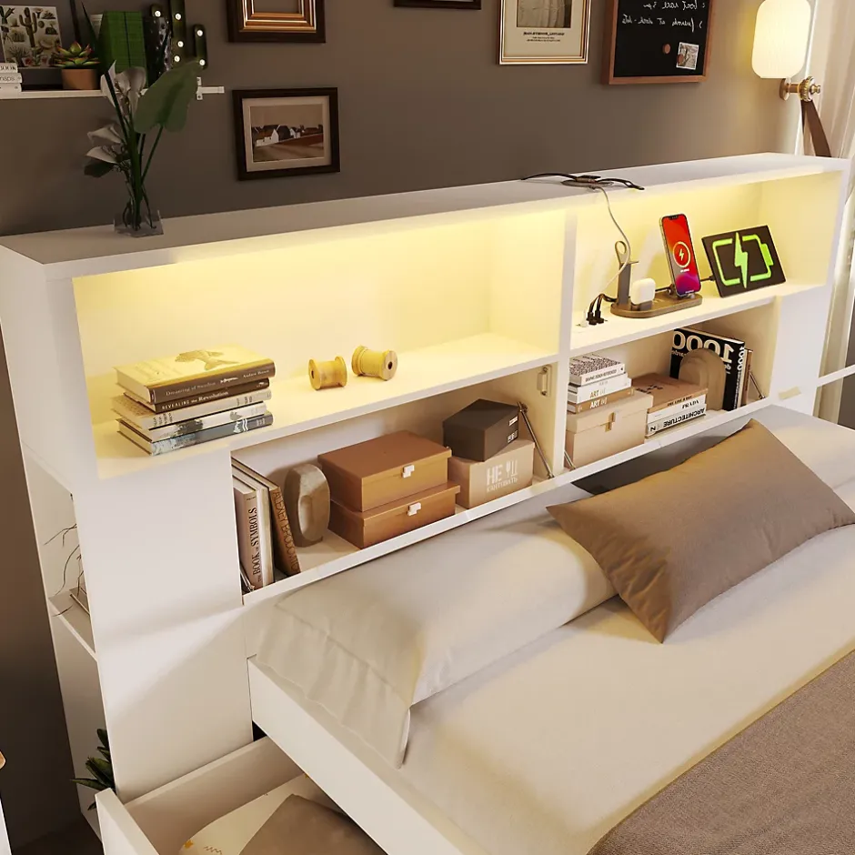 ModernLuxe Lit double 140x200cm - avec lumière LED et port USB - avec banc coffre - grand espace de rangement - Blanc (sans matelas) Sale