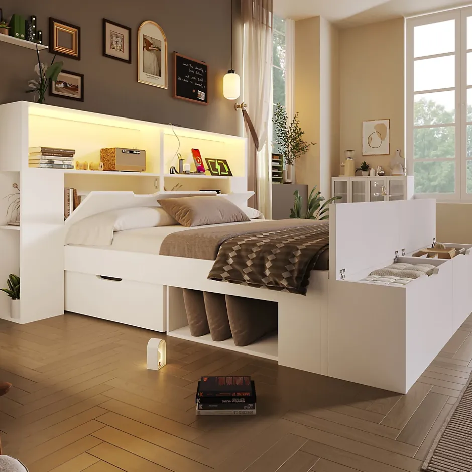 ModernLuxe Lit double 140x200cm - avec lumière LED et port USB - avec banc coffre - grand espace de rangement - Blanc (sans matelas) Sale