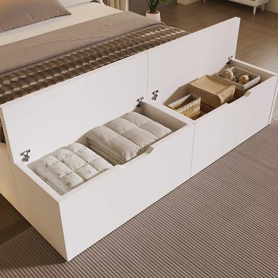 ModernLuxe Lit double 140x200cm - avec lumière LED et port USB - avec banc coffre - grand espace de rangement - Blanc (sans matelas) Sale
