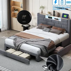 ProximaX Lit double 160x200cm - cadre de lit en velours avec 3 tiroirs, sommier à lattes et tête de lit LED avec port USB/C - Gris