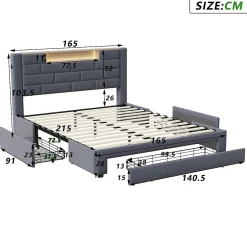 ProximaX Lit double 160x200cm - cadre de lit en velours avec 3 tiroirs, sommier à lattes et tête de lit LED avec port USB/C - Gris