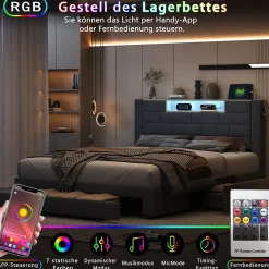 ProximaX Lit double 160x200cm - cadre de lit en velours avec 3 tiroirs, sommier à lattes et tête de lit LED avec port USB/C - Gris
