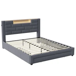 ProximaX Lit double 160x200cm - cadre de lit en velours avec 3 tiroirs, sommier à lattes et tête de lit LED avec port USB/C - Gris