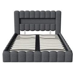 Generique Lit double 180x200cm avec rangements, lit de souche avec éclairage LED, lit capitonné lit adulte lit ado, lin gris