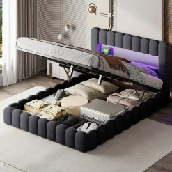 Generique Lit double 180x200cm avec rangements, lit de souche avec éclairage LED, lit capitonné lit adulte lit ado, lin gris