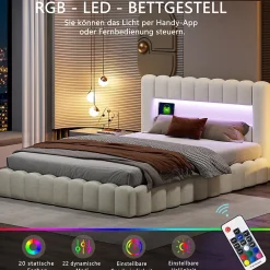 Generique Lit double 180x200cm avec rangements, lit de souche avec éclairage LED, lit capitonné lit adulte lit ado, lin beige Hot