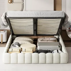 Generique Lit double 180x200cm avec rangements, lit de souche avec éclairage LED, lit capitonné lit adulte lit ado, lin beige Hot