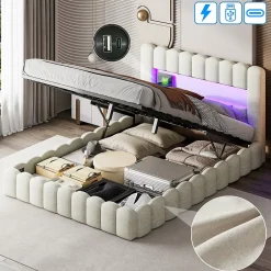 Generique Lit double 180x200cm avec rangements, lit de souche avec éclairage LED, lit capitonné lit adulte lit ado, lin beige Hot