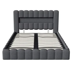 Generique Lit double 140x200cm avec rangements, lit de souche avec éclairage LED, lit capitonné lit adulte lit ado, lin gris Best