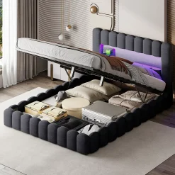 Generique Lit double 140x200cm avec rangements, lit de souche avec éclairage LED, lit capitonné lit adulte lit ado, lin gris Best