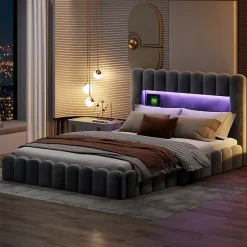 Simple Life Lit double 180x200cm avec rangements, lit de souche avec éclairage LED, lit capitonné lit adulte lit ado, lin gris Hot