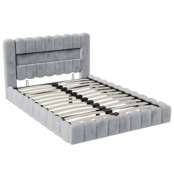 Simple Life Lit double 180x200cm avec rangements, lit de souche avec éclairage LED, lit capitonné lit adulte lit ado, lin gris Hot