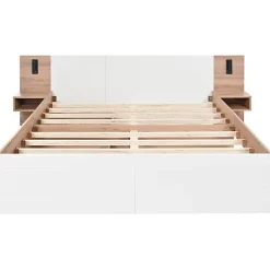 ModernLuxe Lit double 140x200cm en bois - avec 2 chevets et 2 tiroirs - 2 liseuses avec prise USB - Blanc + Naturel (matelas non inclus) New
