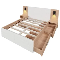 ModernLuxe Lit double 140x200cm en bois - avec 2 chevets et 2 tiroirs - 2 liseuses avec prise USB - Blanc + Naturel (matelas non inclus) New
