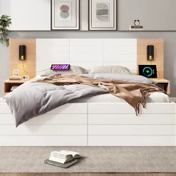 ModernLuxe Lit double 140x200cm en bois - avec 2 chevets et 2 tiroirs - 2 liseuses avec prise USB - Blanc + Naturel (matelas non inclus) New