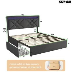ProximaX Lit double 160x200cm en lin gris foncé avec LED, USB & Type-C, tête de lit moderne et 4 tiroirs métalliques de rangement