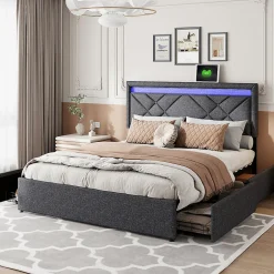 ProximaX Lit double 160x200cm en lin gris foncé avec LED, USB & Type-C, tête de lit moderne et 4 tiroirs métalliques de rangement