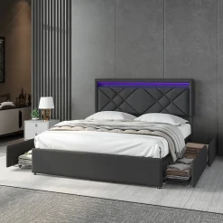 ProximaX Lit double 160x200cm en lin gris foncé avec LED, USB & Type-C, tête de lit moderne et 4 tiroirs métalliques de rangement