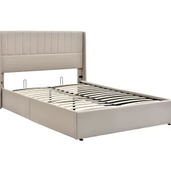 Gutent Lit double 160x200cm, lit rembourré hydraulique, lit de rangement avec sommier à lattes en bois, lin , beige
