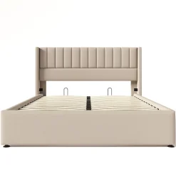Gutent Lit double 160x200cm, lit rembourré hydraulique, lit de rangement avec sommier à lattes en bois, lin , beige