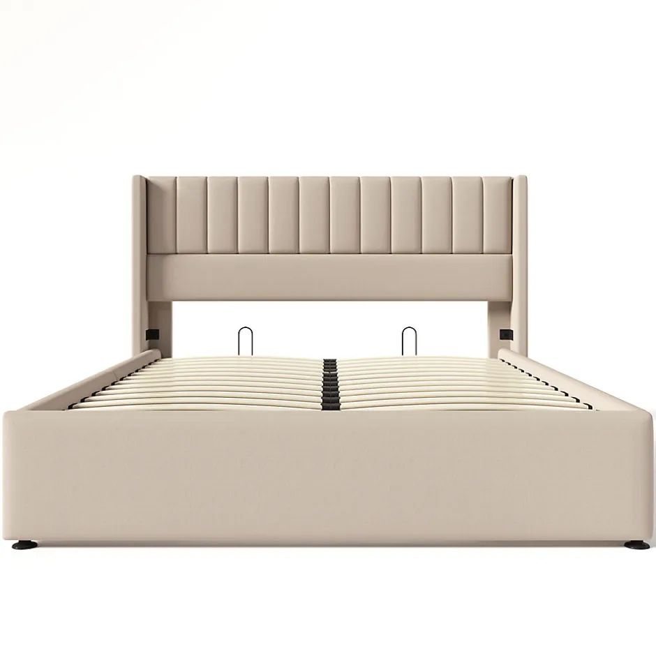 Gutent Lit double 160x200cm, lit rembourré hydraulique, lit de rangement avec sommier à lattes en bois, lin , beige