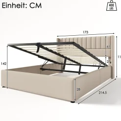 Gutent Lit double 160x200cm, lit rembourré hydraulique, lit de rangement avec sommier à lattes en bois, lin , beige