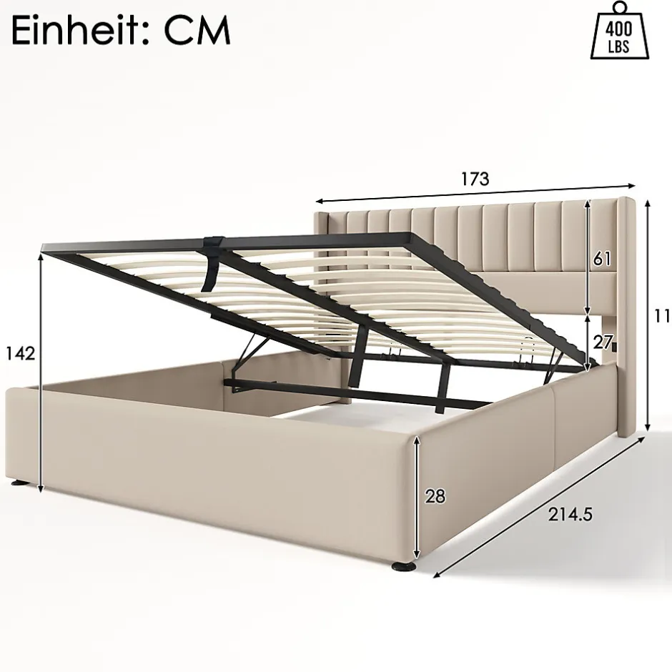 Gutent Lit double 160x200cm, lit rembourré hydraulique, lit de rangement avec sommier à lattes en bois, lin , beige