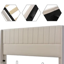 Gutent Lit double 160x200cm, lit rembourré hydraulique, lit de rangement avec sommier à lattes en bois, lin , beige