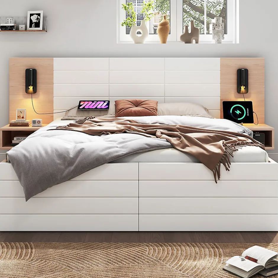 Blackcolors Lit Double 180X200Cm Usb Chevet Chêne Blanc Best