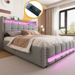 Blackcolors Lit Double 160X200Cm Usb Led Hydraulique Lin