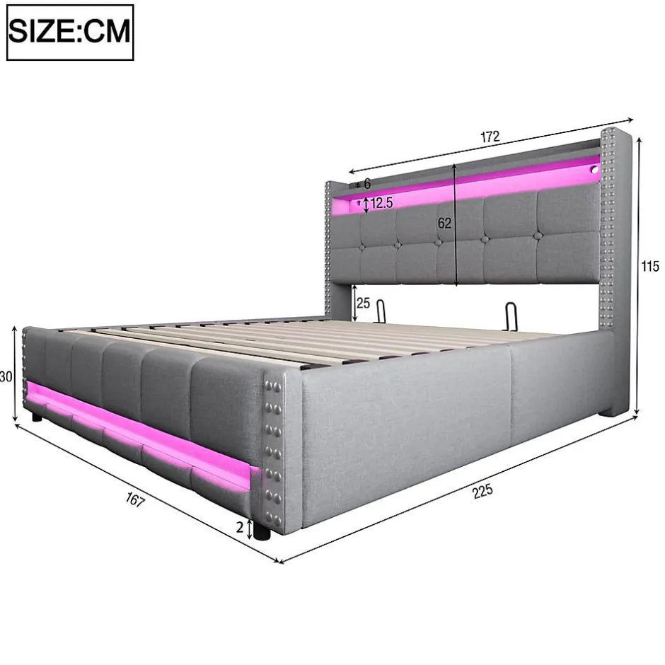Blackcolors Lit Double 160X200Cm Usb Led Hydraulique Lin