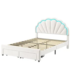 Generique Lit double 140x200,lit double capitonné,2 tiroirs en bout de lit,tête de lit pétale,LED réglable,velours,blanc Best