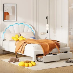 Generique Lit double 140x200,lit double capitonné,2 tiroirs en bout de lit,tête de lit pétale,LED réglable,velours,blanc Best