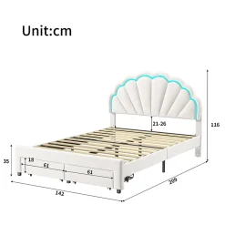 Generique Lit double 140x200,lit double capitonné,2 tiroirs en bout de lit,tête de lit pétale,LED réglable,velours,blanc Best