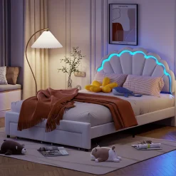 Generique Lit double 140x200,lit double capitonné,2 tiroirs en bout de lit,tête de lit pétale,LED réglable,velours,blanc Best