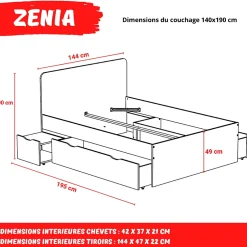 Weber Industries Lit double ZENIA 140x190 + 2 chevets + 2 tiroirs / Décor Chêne blanchi Best