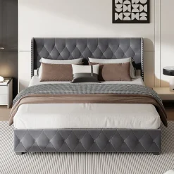 Fortuna lai Lit Double,Lit 160 x 200 avec Sommier,Cadre de Lit avec Sommier à Lattes et Tête de Lit,Rembourrage à Boutons,sans Matelas,Gris Outlet