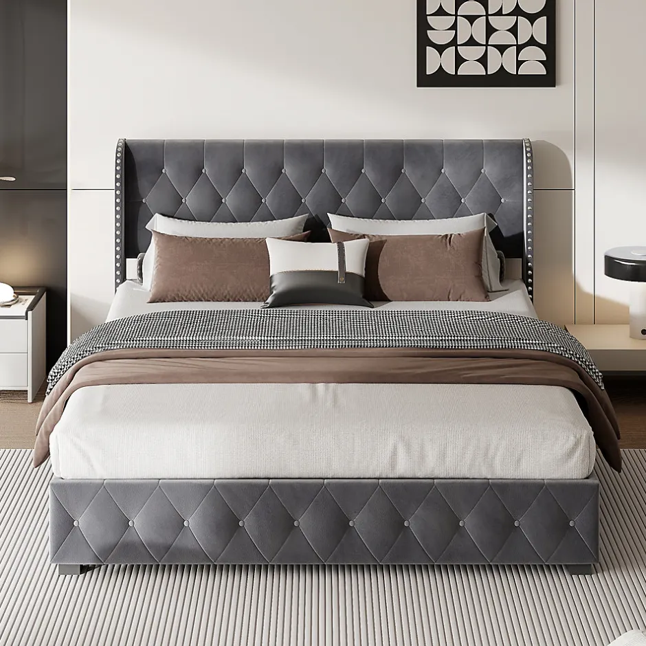 Fortuna lai Lit Double,Lit 160 x 200 avec Sommier,Cadre de Lit avec Sommier à Lattes et Tête de Lit,Rembourrage à Boutons,sans Matelas,Gris Outlet