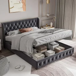 Fortuna lai Lit Double,Lit 160 x 200 avec Sommier,Cadre de Lit avec Sommier à Lattes et Tête de Lit,Rembourrage à Boutons,sans Matelas,Gris Outlet
