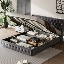 Fortuna lai Lit Double,Lit 160 x 200 avec Sommier,Cadre de Lit avec Sommier à Lattes et Tête de Lit,Rembourrage à Boutons,sans Matelas,Gris Outlet