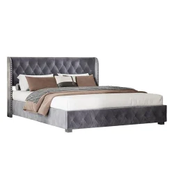Fortuna lai Lit Double,Lit 160 x 200 avec Sommier,Cadre de Lit avec Sommier à Lattes et Tête de Lit,Rembourrage à Boutons,sans Matelas,Gris Outlet