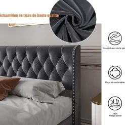 Fortuna lai Lit Double,Lit 160 x 200 avec Sommier,Cadre de Lit avec Sommier à Lattes et Tête de Lit,Rembourrage à Boutons,sans Matelas,Gris Outlet