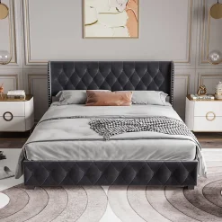 Fortuna lai Lit Double,Lit 160 x 200 avec Sommier,Cadre de Lit avec Sommier à Lattes et Tête de Lit,Rembourrage à Boutons,sans Matelas,Gris Outlet