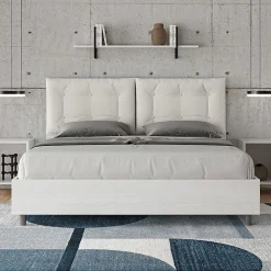 Ityhome Lit Egos Annalisa avec sommier 160x200 et coussins simili cuir blanc Sale