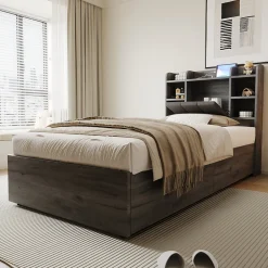 Redom Lit en bois 90 par 200 cm lit hydraulique tête avec rangement ports USB et Type C lit simple couleur gris sans matelas