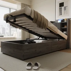 Redom Lit en bois 90 par 200 cm lit hydraulique tête avec rangement ports USB et Type C lit simple couleur gris sans matelas