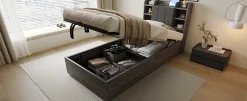 Redom Lit en bois 90 par 200 cm lit hydraulique tête avec rangement ports USB et Type C lit simple couleur gris sans matelas
