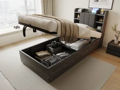 Redom Lit en bois 90 par 200 cm lit hydraulique tête avec rangement ports USB et Type C lit simple couleur gris sans matelas