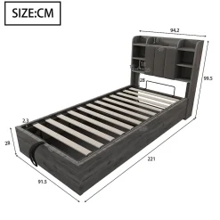 Redom Lit en bois 90 par 200 cm lit hydraulique tête avec rangement ports USB et Type C lit simple couleur gris sans matelas
