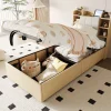 Redom Lit en bois 90 par 200 cm lit hydraulique tête avec rangement ports USB et type C lit simple couleur bois sans matelas Clearance